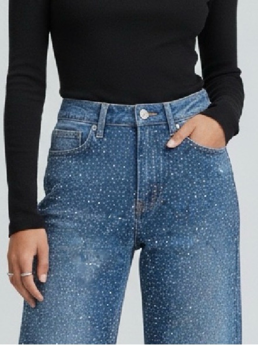 AMERICAN BAZI ALL-OVER RHINESTONE WIDE LEG JEANS